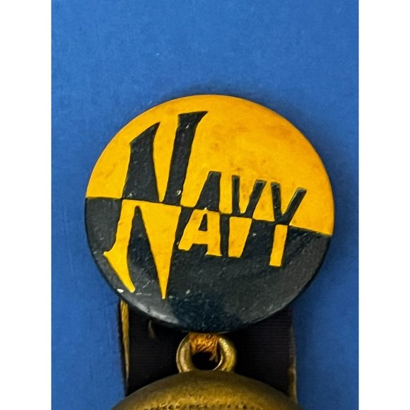 VINTAGE NAVY FOOTBALL TEAM RIBBON ON PIN BACK BUTTON 1950’s Yellow Blue - Picture 4 of 7